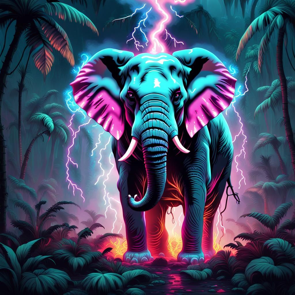 mythical vaporwave elephant in a misty jungle