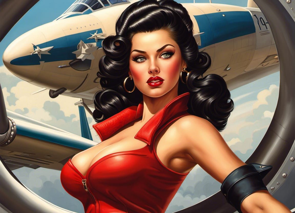Voluptuous Bomber-Girl Pinup Poster in Photorealistic Style