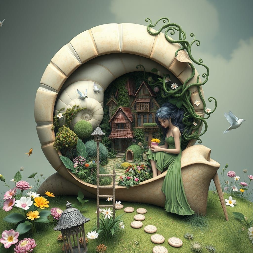 A Dreamlike Village Blooms Within a Giant Snail Shell in Vib...