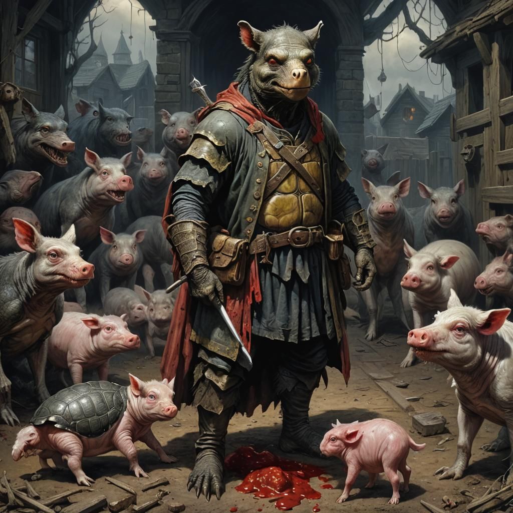 Turtle Wolf Confronts the Three Little Pigs