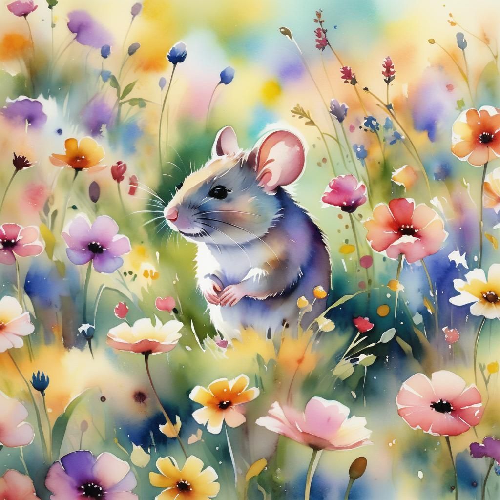 Mouse in Meadow: Whimsical Watercolor Art