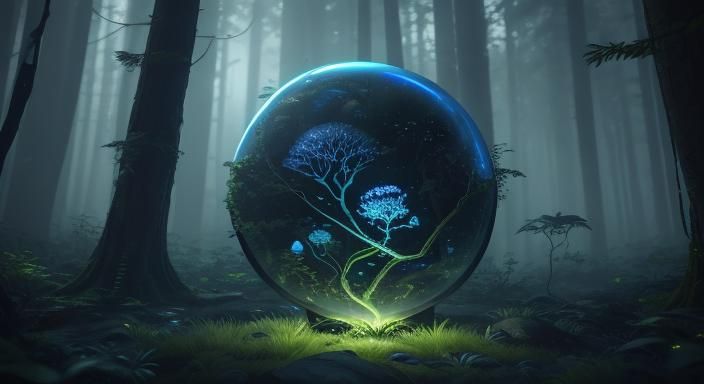 Glowing Alien Sphere in Bioluminescent Forest: 3D Render