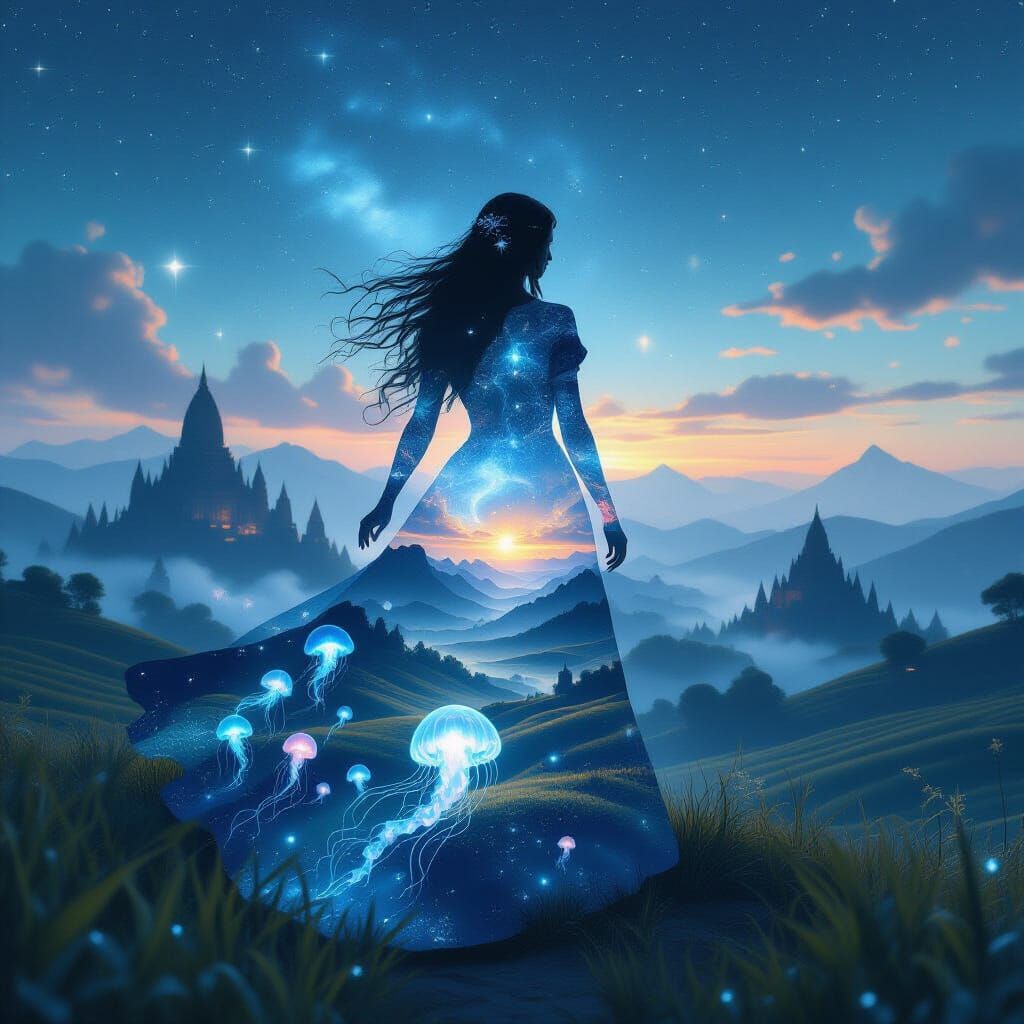 Time-Traveling Sorceress in Dreamy Landscape