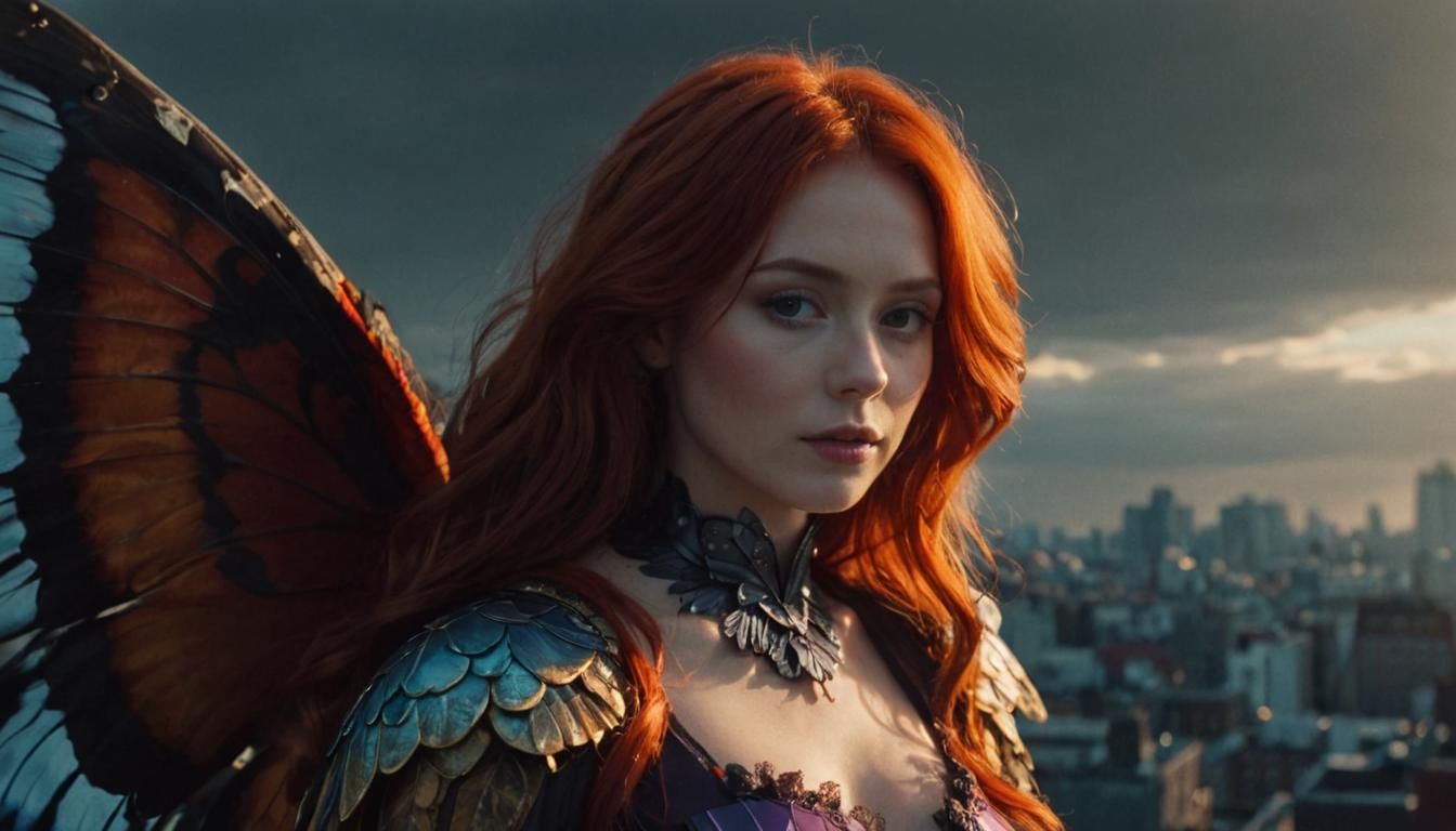 Butterfly Woman on Rooftop in Golden Light