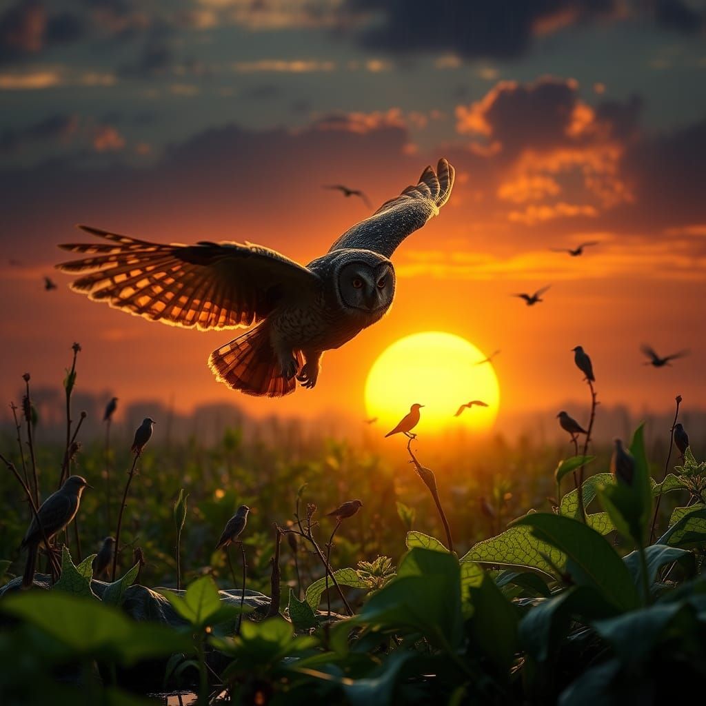 Owl Silhouetted Against Sunset Sky