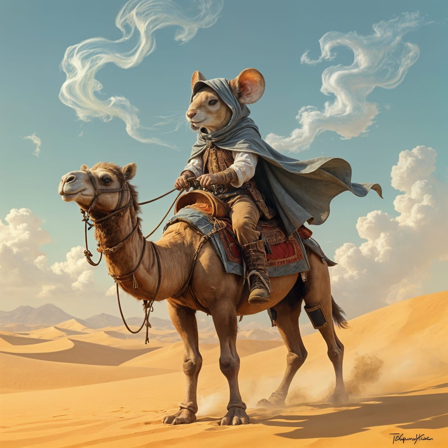 Mouse Rider on Camel in Desert Fantasy Art