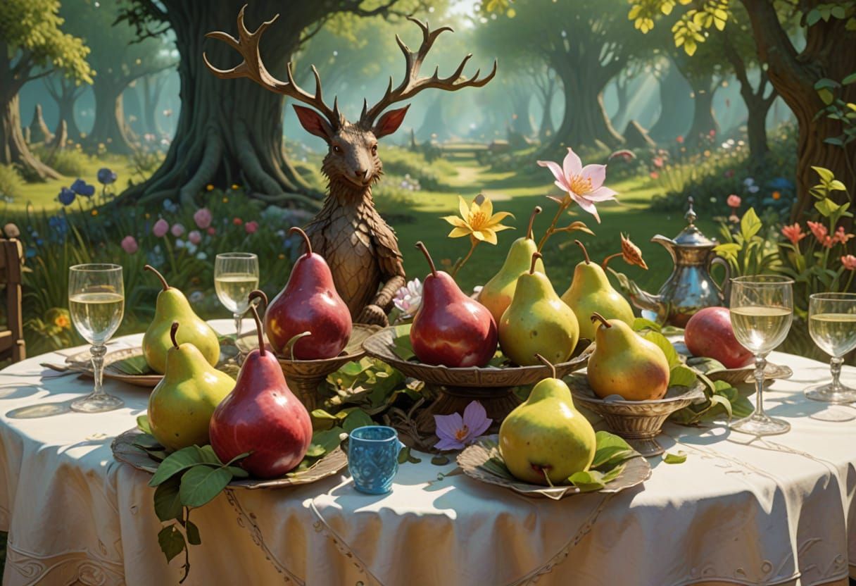 Exquisite Garden Table with Red Pears in Sunlight