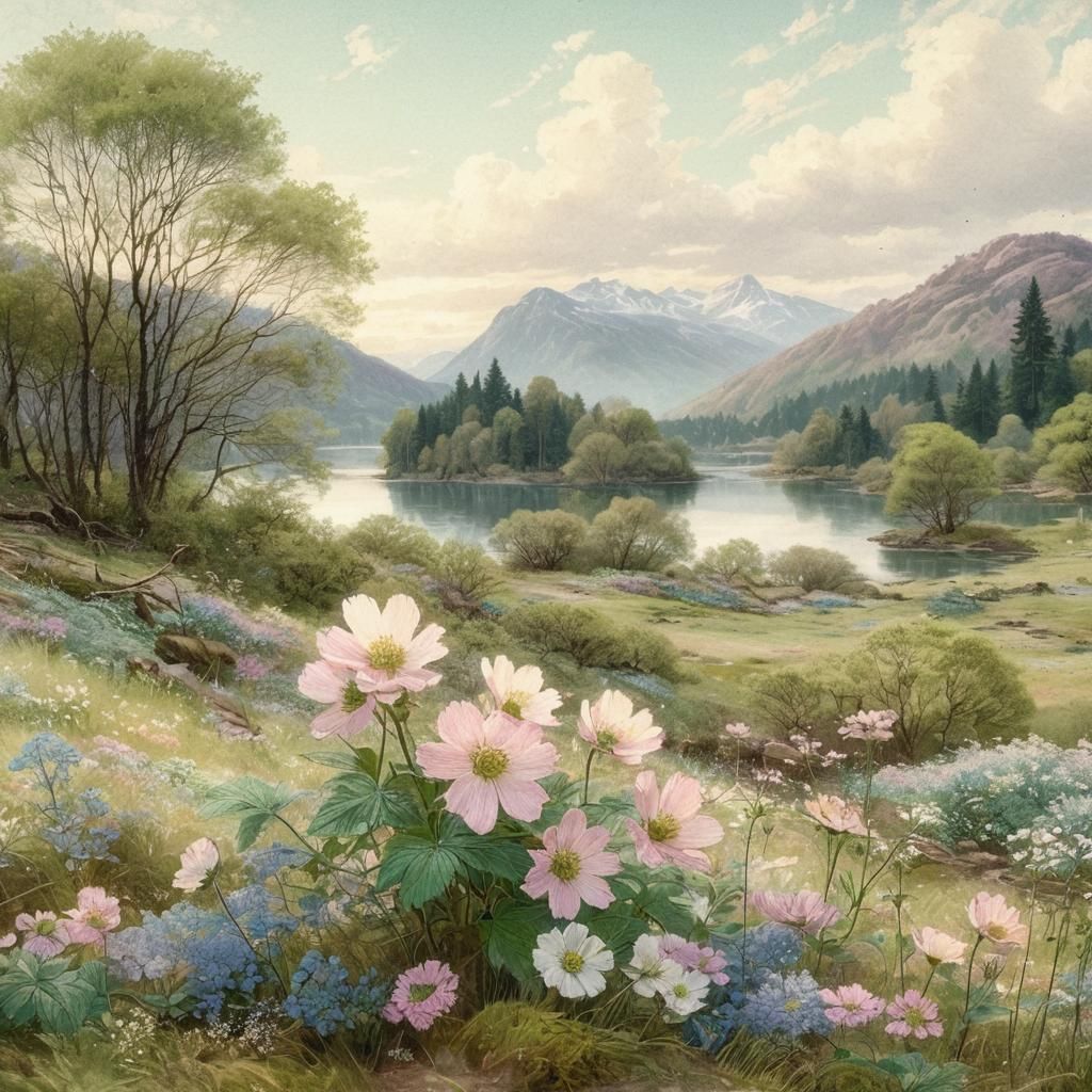 Grabado de un paisaje a buril.