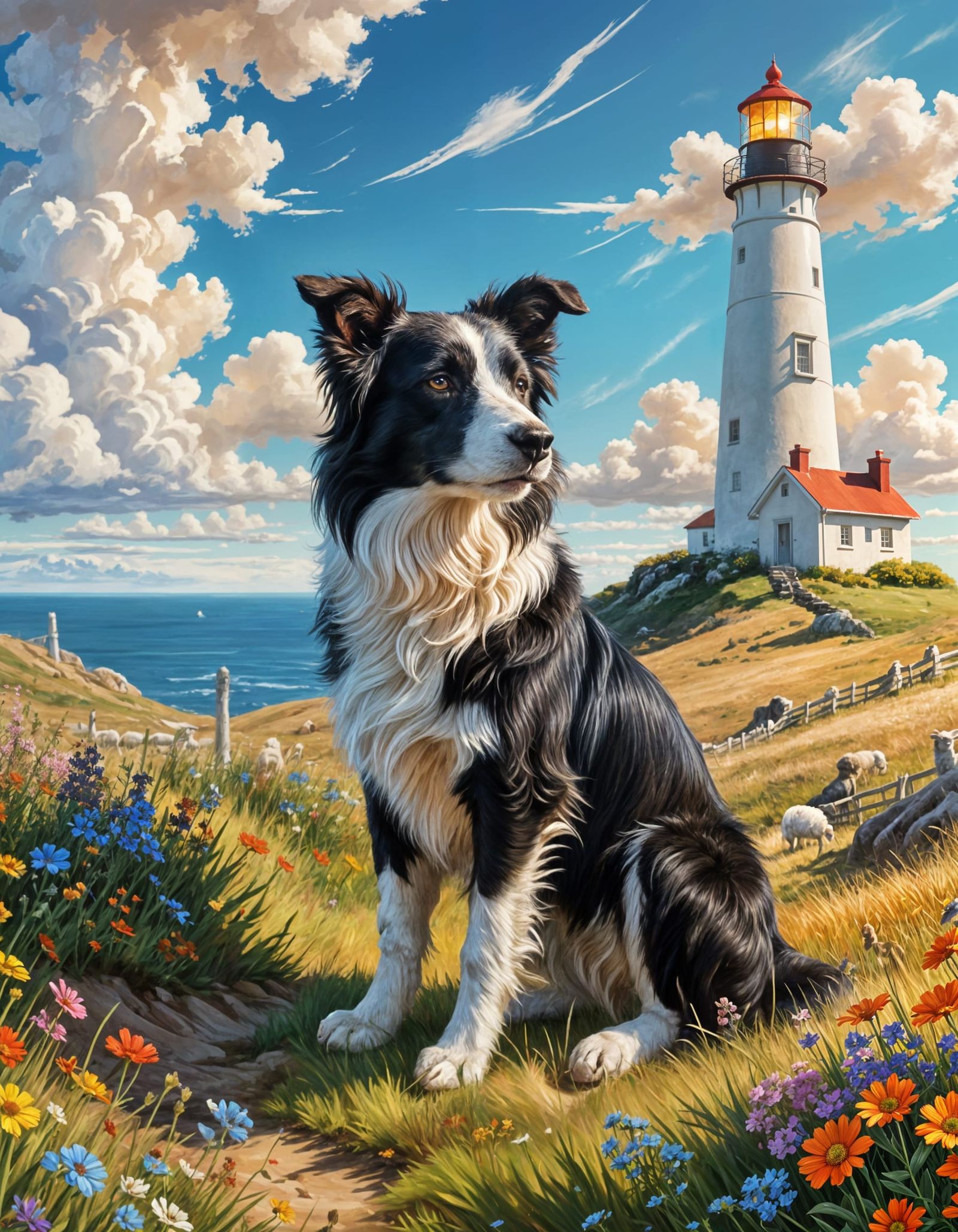 Guardian Border Collie Watches Over Grazing Sheep in a Whims...