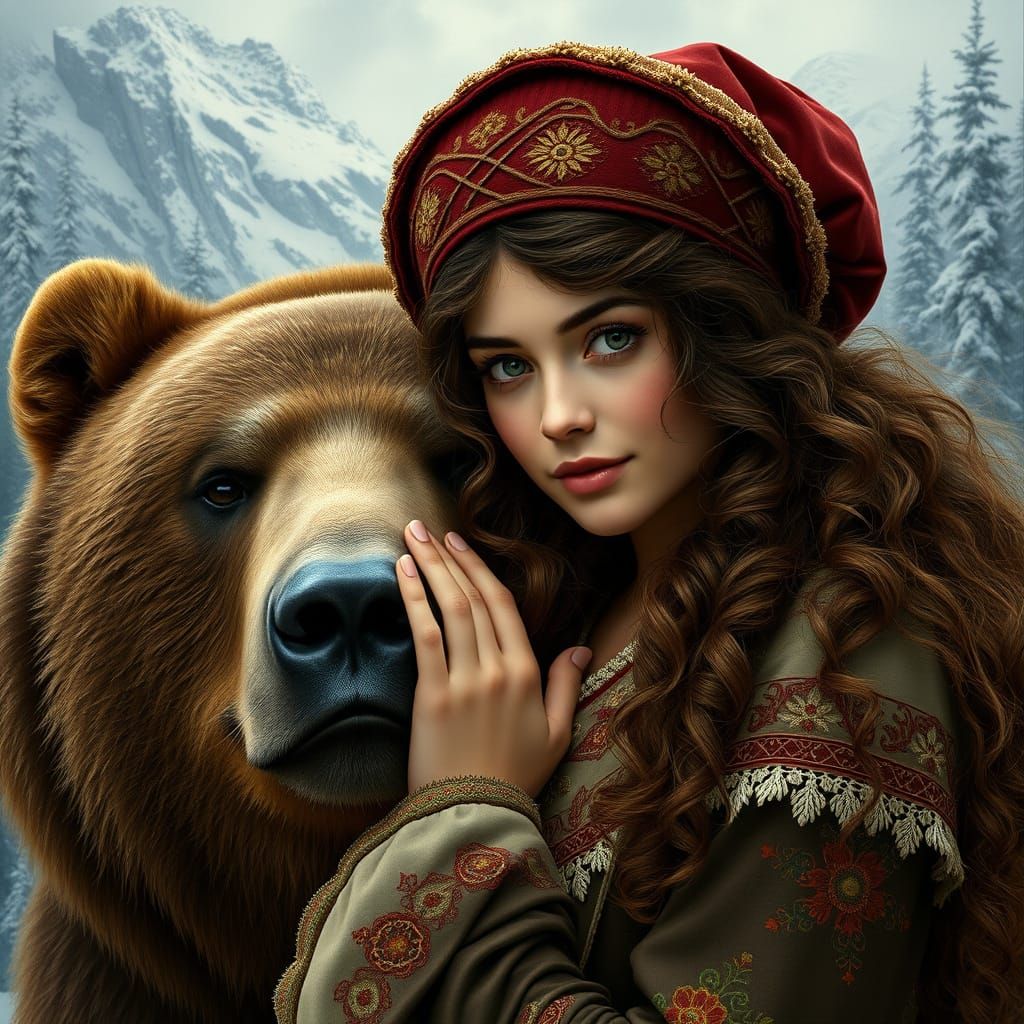 Elegant Russian Woman with Bear in a Snowy Forest, Pre-Rapha...
