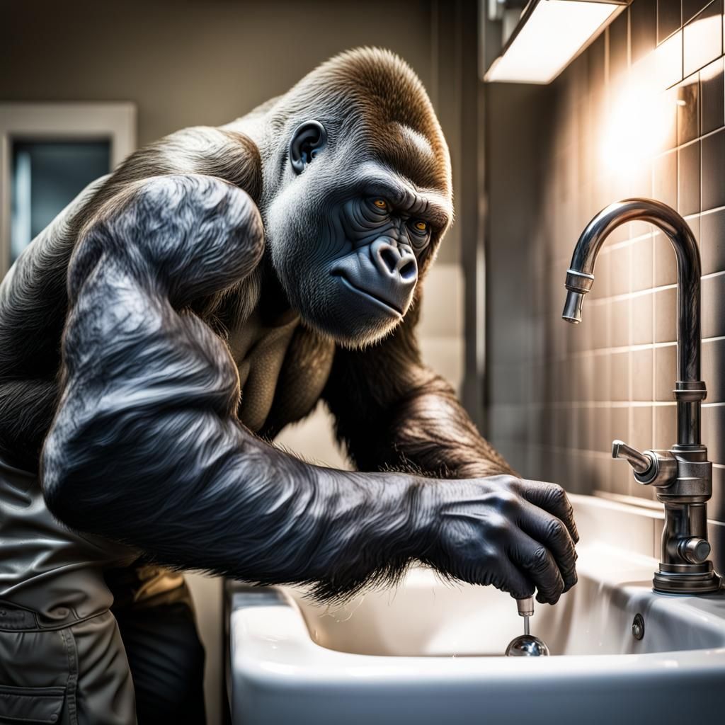 Hyperrealistic Gorilla Plumber Working on Sink