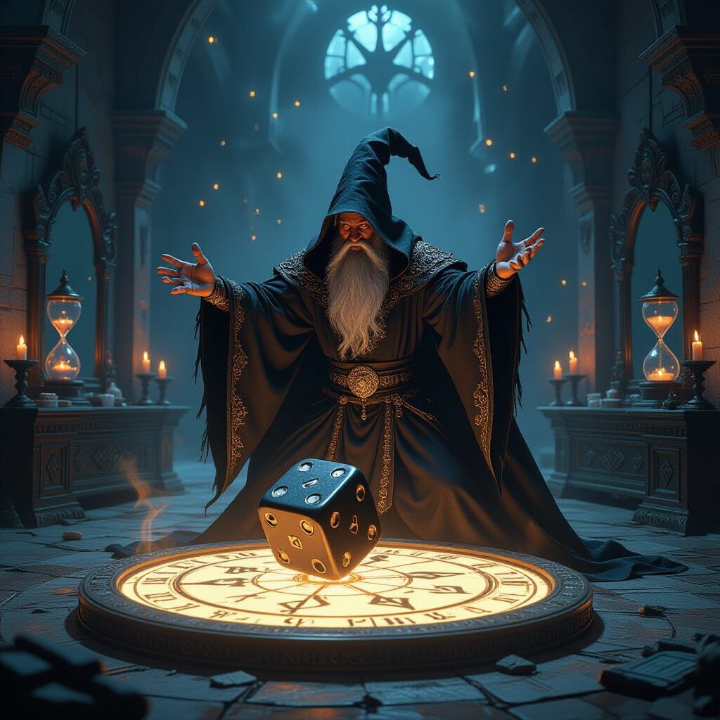 Sorcerer Casting Dice in Dark Fantasy Style