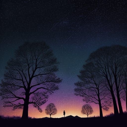 Trees in Silhouette Against Vibrant Night Sky