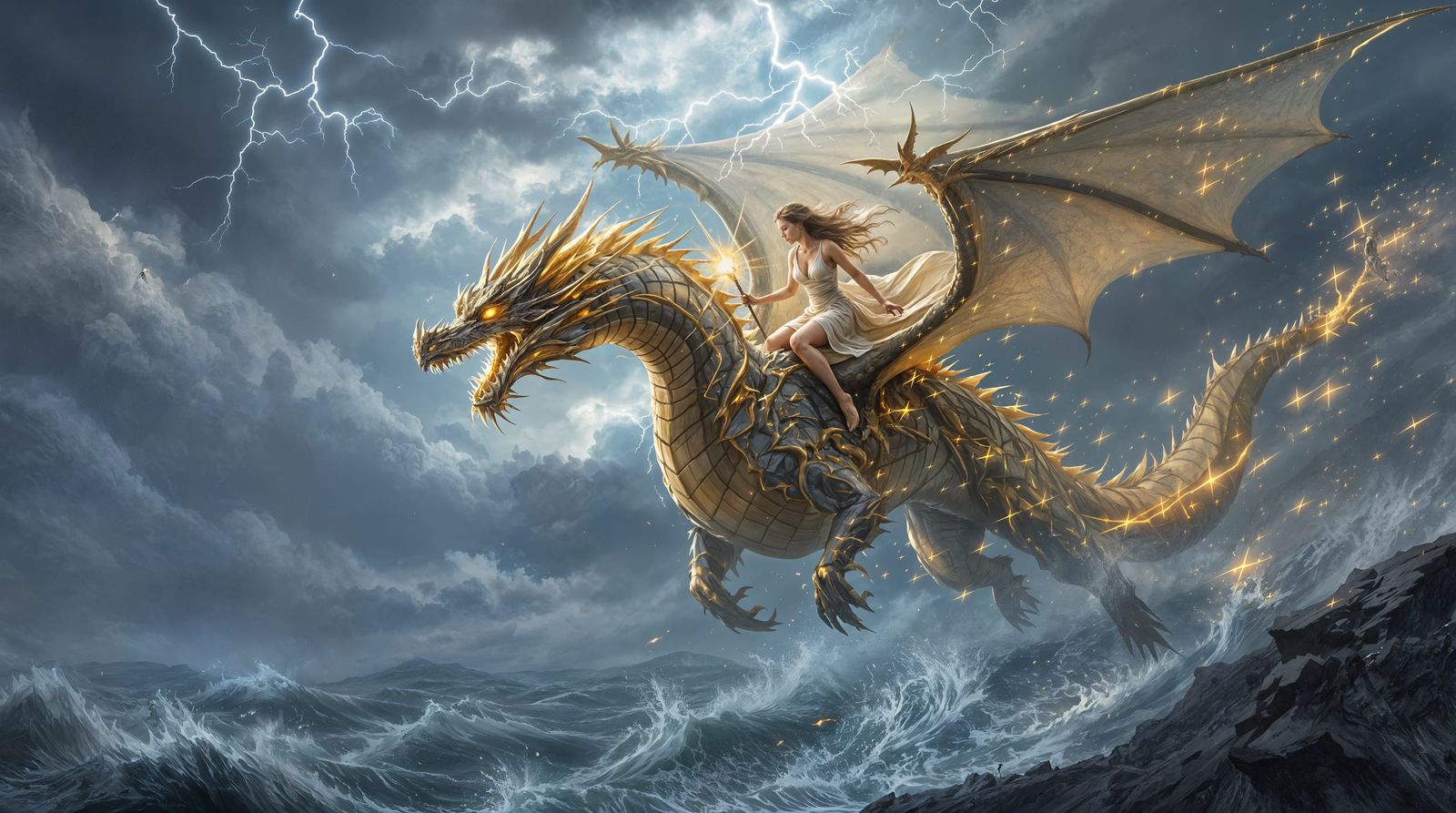 Majestic Dragon Rider in Stormy Skies