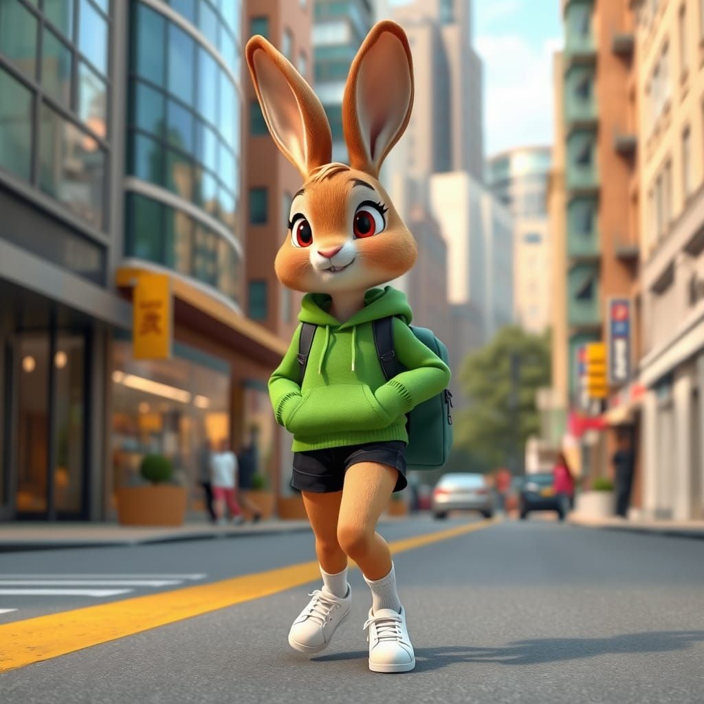 Anthropomorphic Bunny Girl Heads to School in Vibrant Urban ...