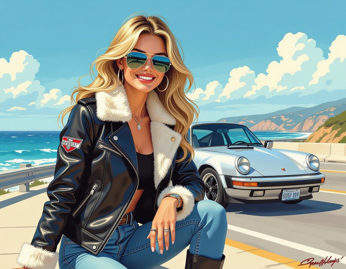 Blonde Woman in Leather with Silver Car, as Comic Art
