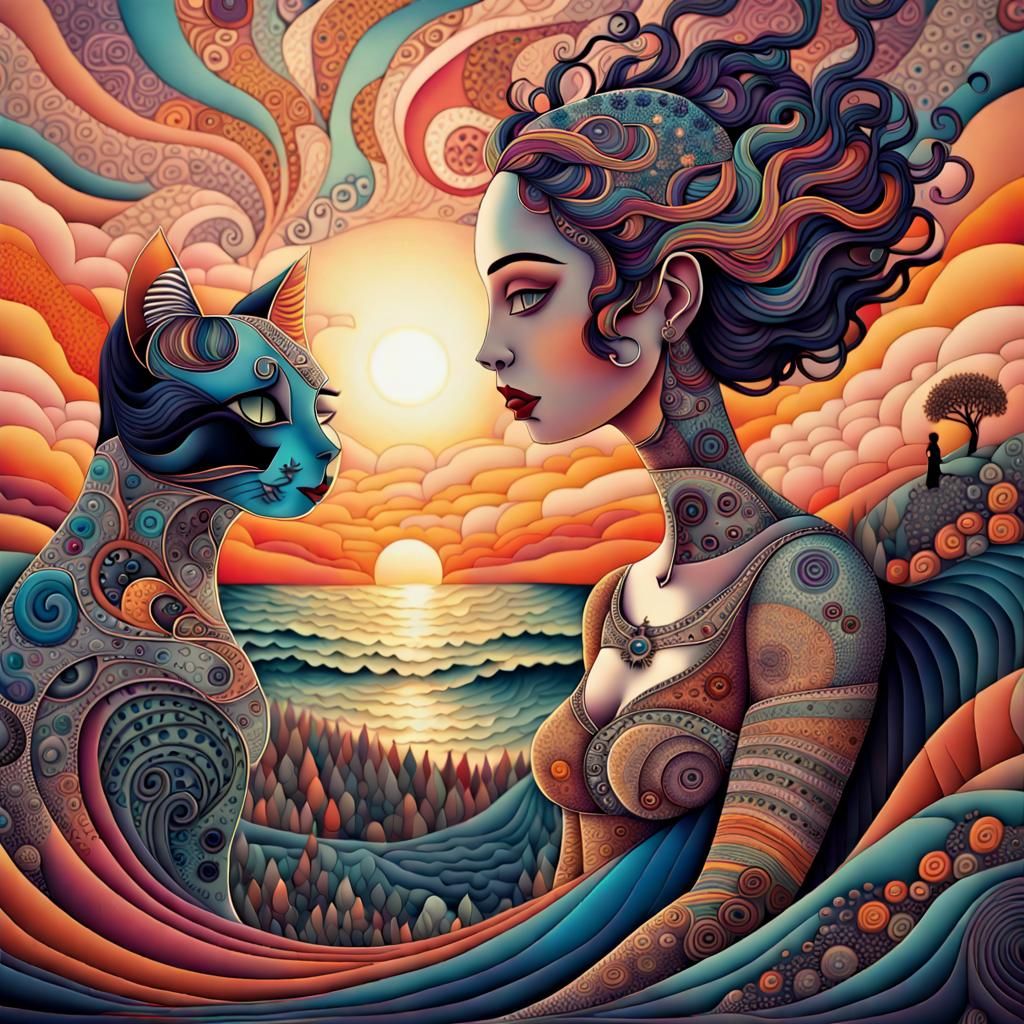 Dreamlike Woman and Cat in Art Brut Style