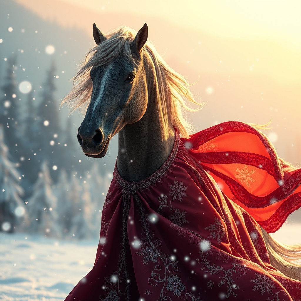 Horse in Dress Amid Whimsical Snowfall