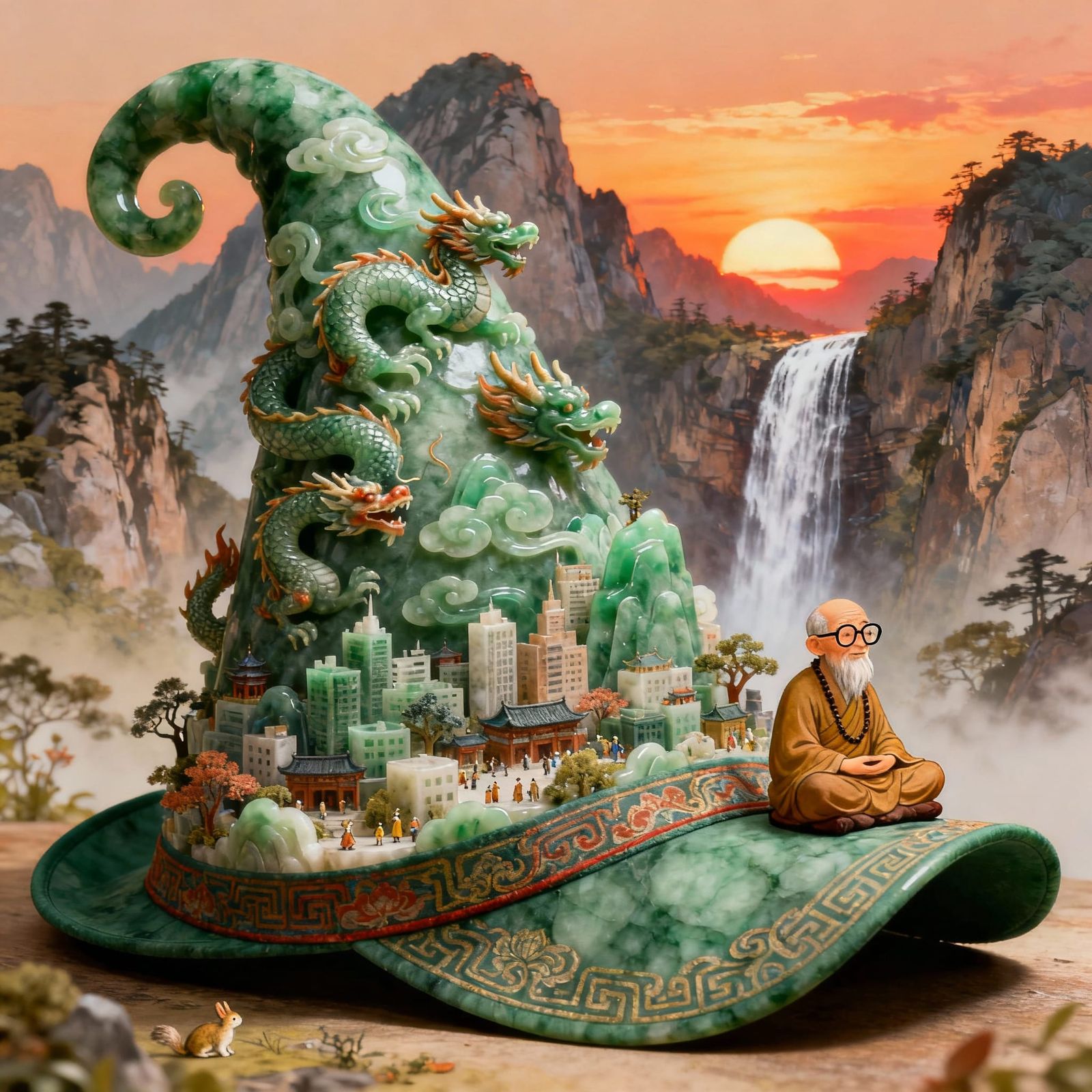 Jade City Hat with Dragons and Monk