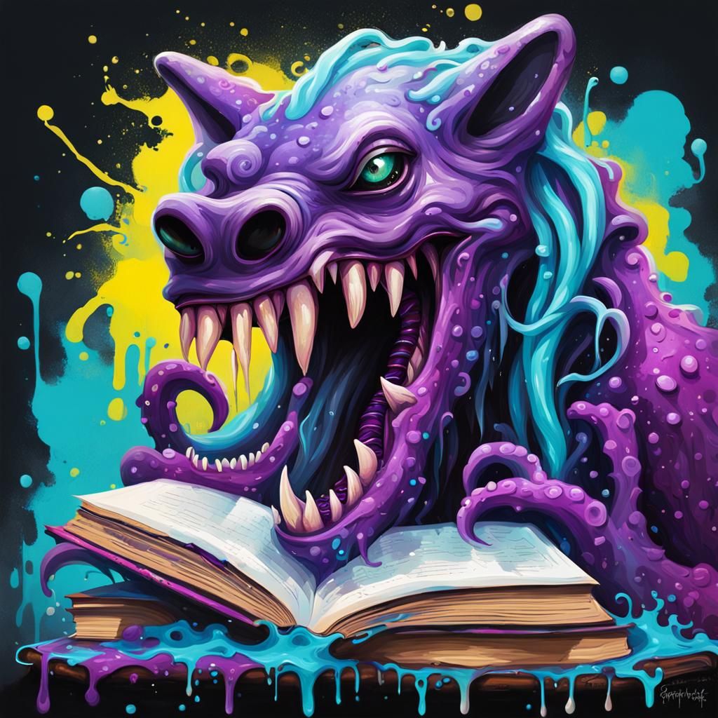Neon Monster Book Lover in Graffiti Art Style