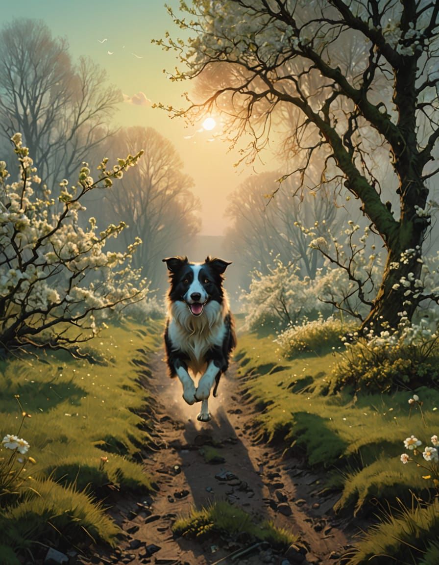 Ethereal Border Collie Runs Down a Sunlit Track