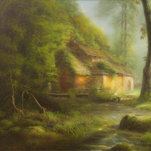 Forest Cottage after Rain in Oil Painting Style
