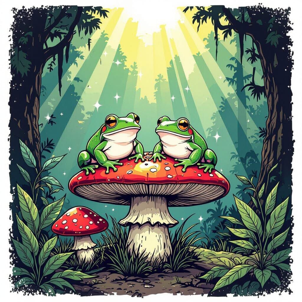Anthro Frogs on Mushroom in Emotive Color Fields Style