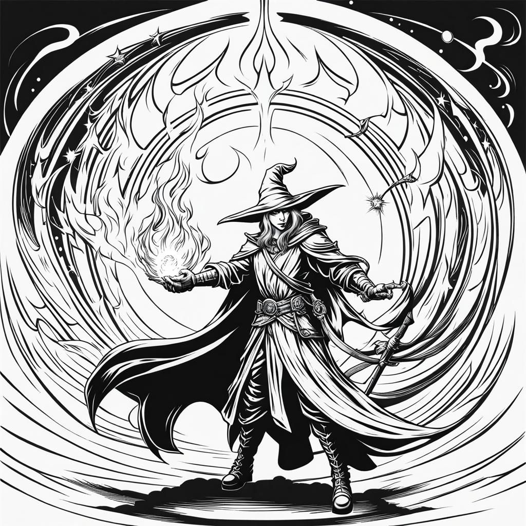 Elf Casting Fireball in Black and White Line Art