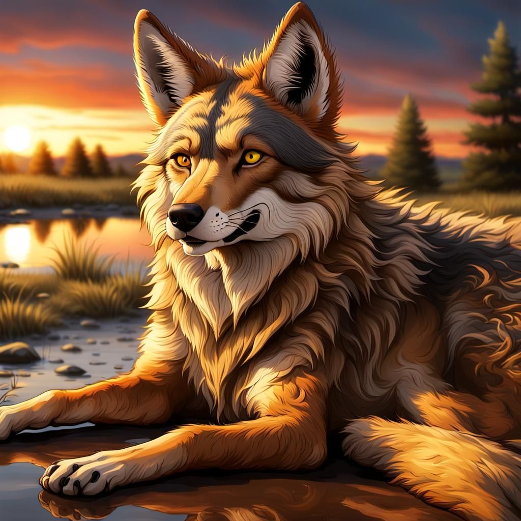 Coyote Man in Sunset, Cubist Style