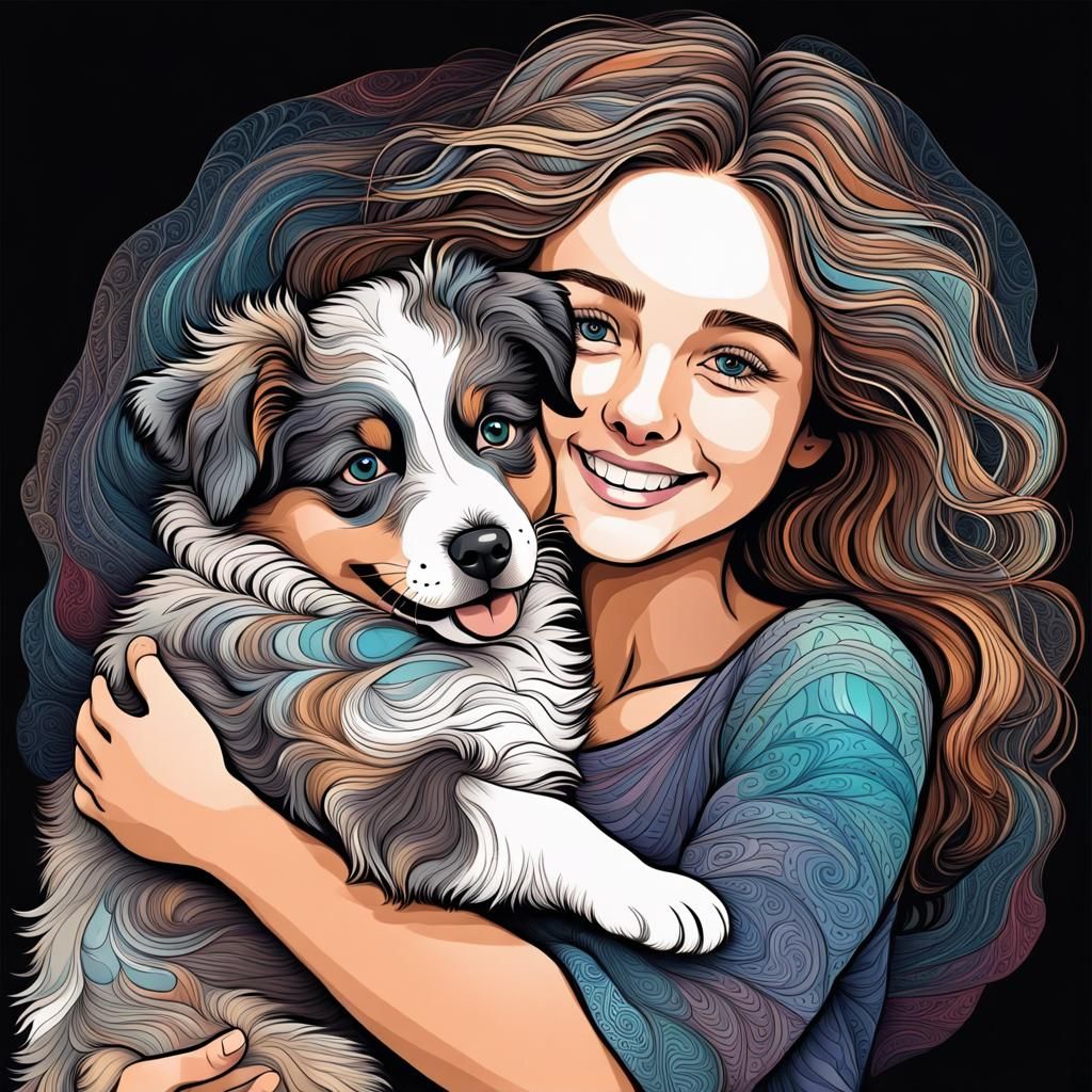 Girl Hugging Australian Shepherd Puppy in Line Art
