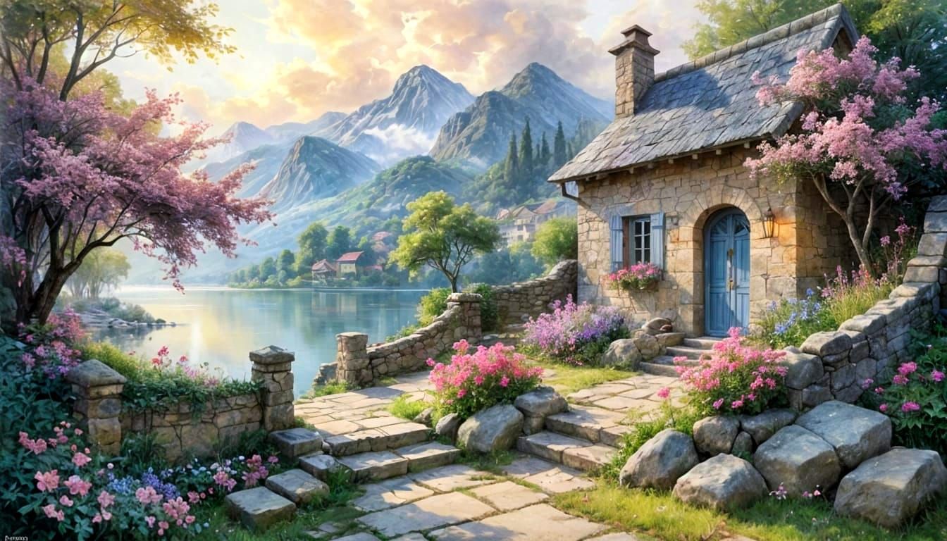 Fairytale Cottage by Lake at Dawn: Watercolor Painting