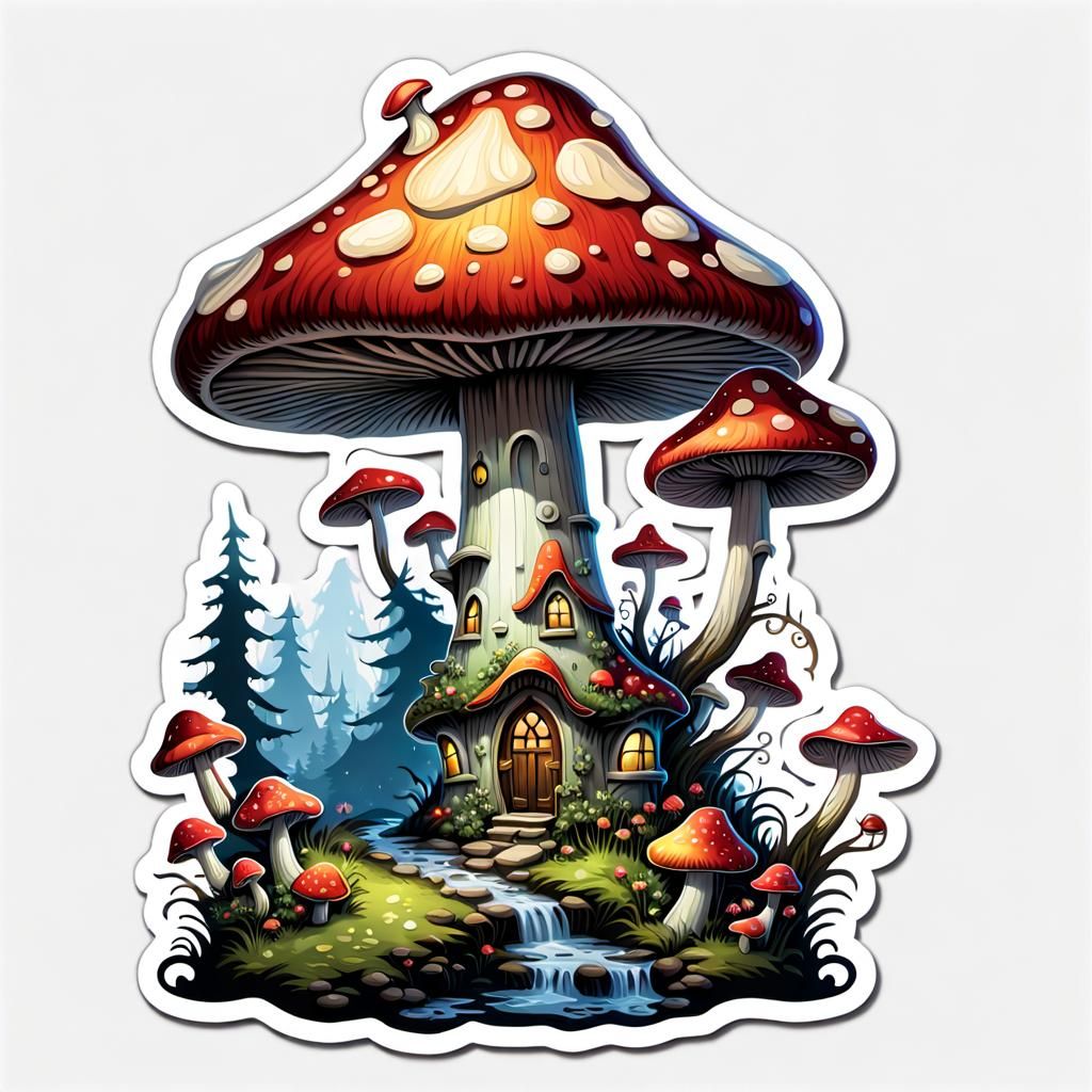 Gothic Fantasy Mushroom in Sticker Style