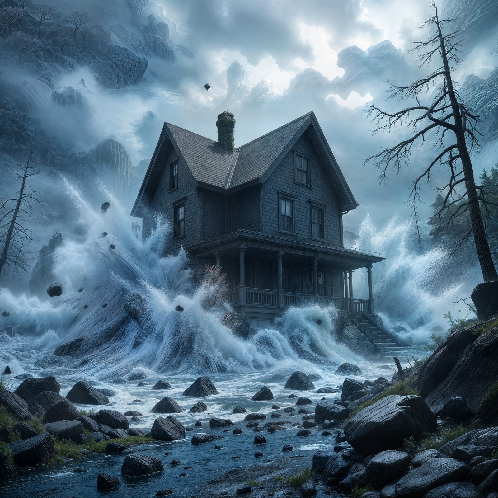 Tsunami Engulfs Haunted House in Ominous 3D Render