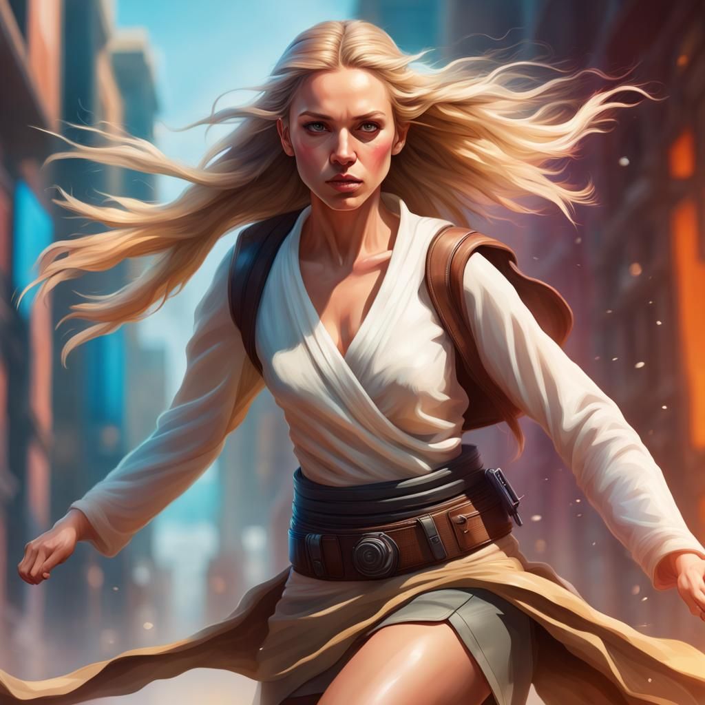 Blonde Female Jedi Running: Hyperrealistic Splash Art