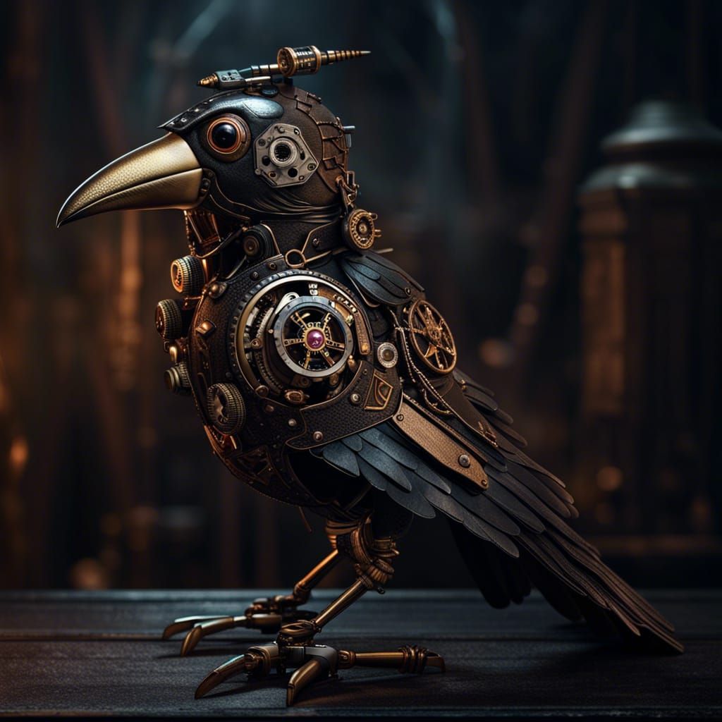 Steampunk Robotic Crow: Detailed Fantasy Concept Art