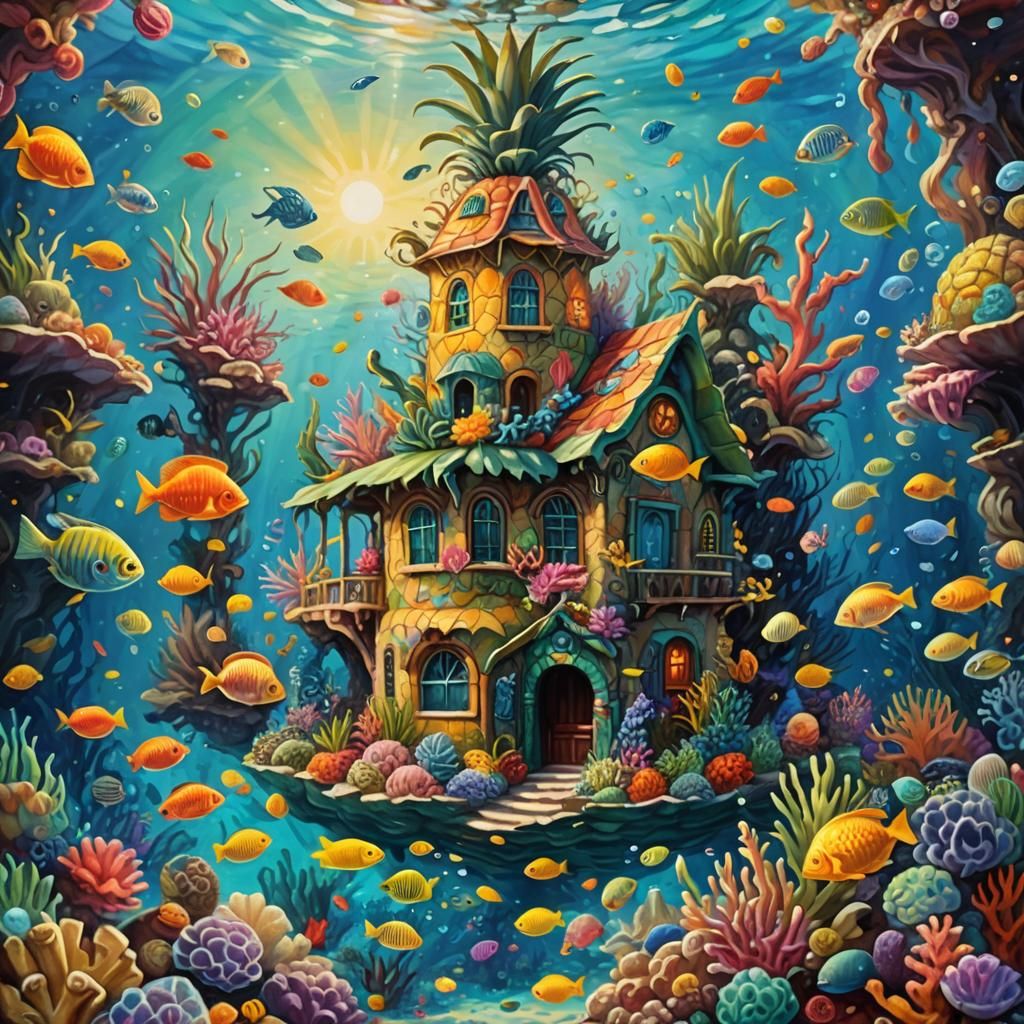 Underwater Pineapple House Fantasy in Oil Painting