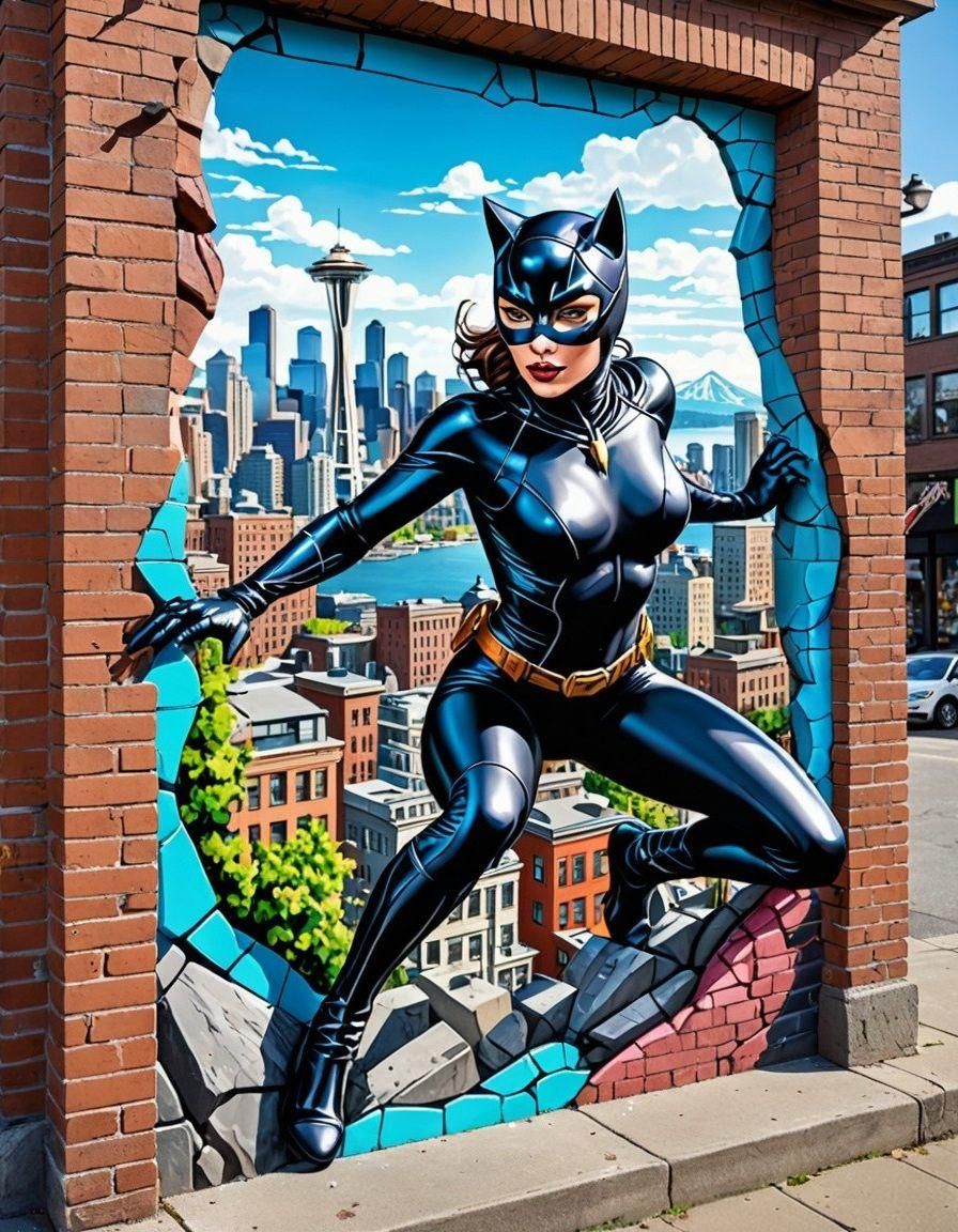 Catwoman Anamorphic Street Art in Neon Colors