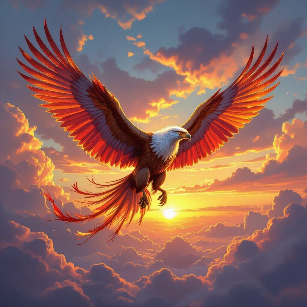 Griffin Soaring Through Sunset Sky with Shimmering Feathers