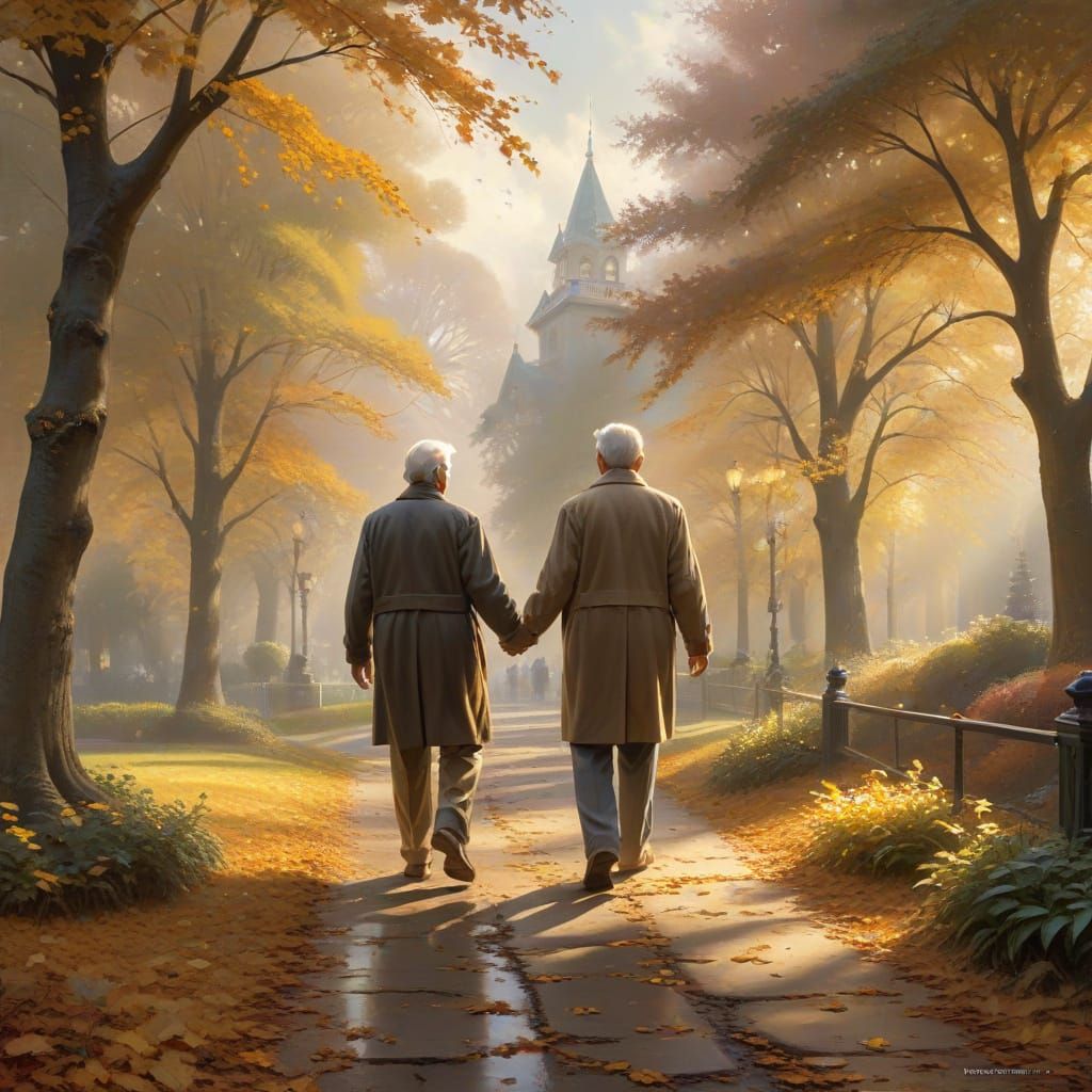 Elderly Couple in Autumn Park: Kinkade-Inspired Fantasy
