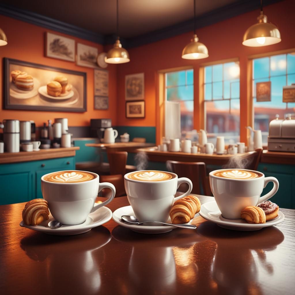Hyperrealistic Retro Coffee Shop Scene in Splash Art Style