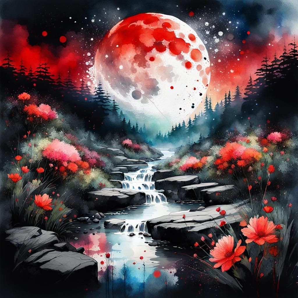 Lush Moonlit Landscape in Watercolor Ink Splatter Art