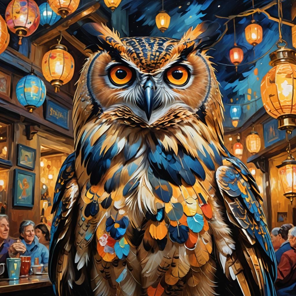 Eagle Owl Celebrates Grandparents Day as Oil Painting