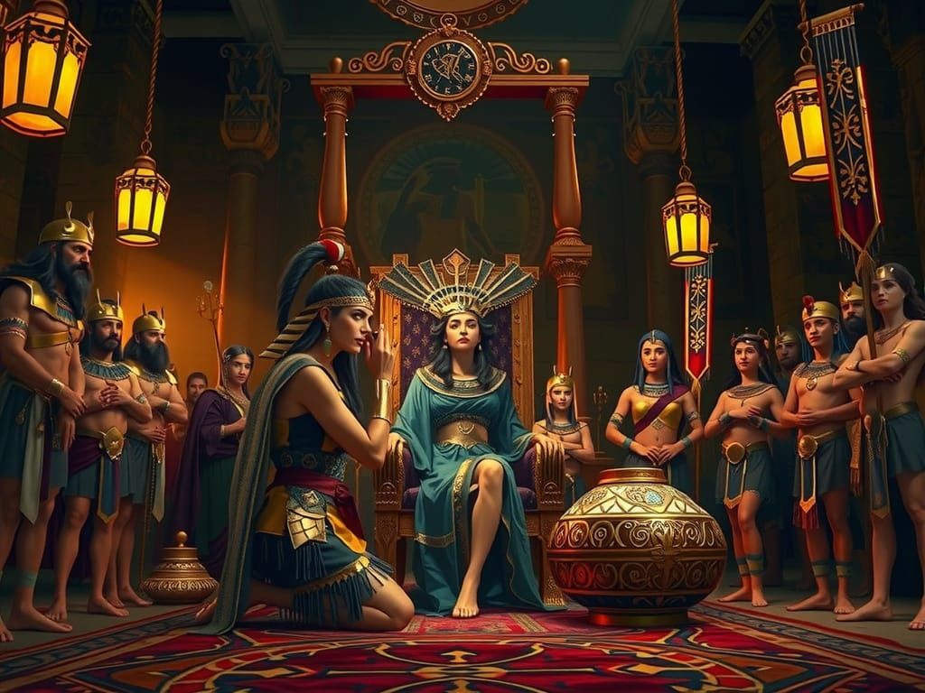 Assyrian Warrior Pays Homage to Egyptian Queen in Regal Scen...