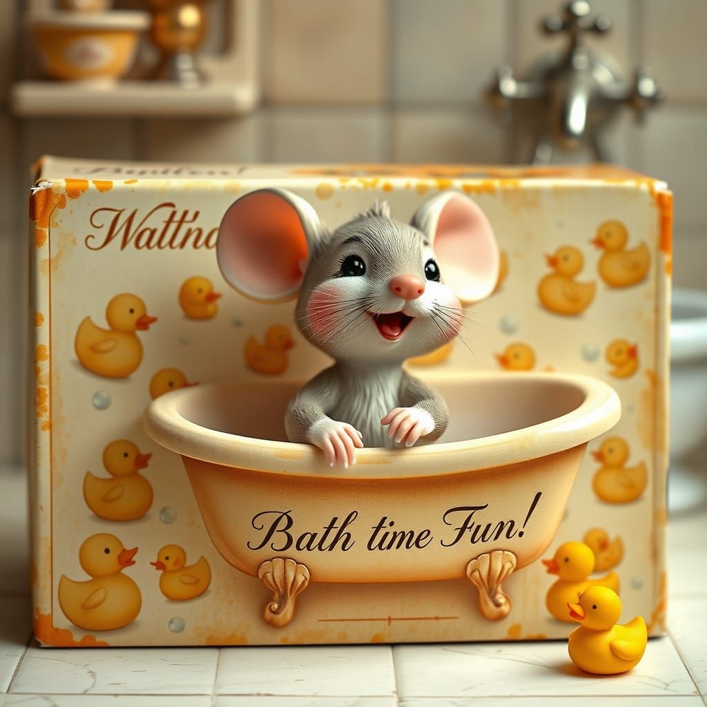 Vintage-Inspired Baby Mouse in Whimsical Bath Time Scene