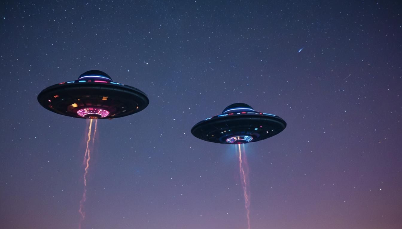 UFOs in Starry Night Sky: Cinematic Film Still