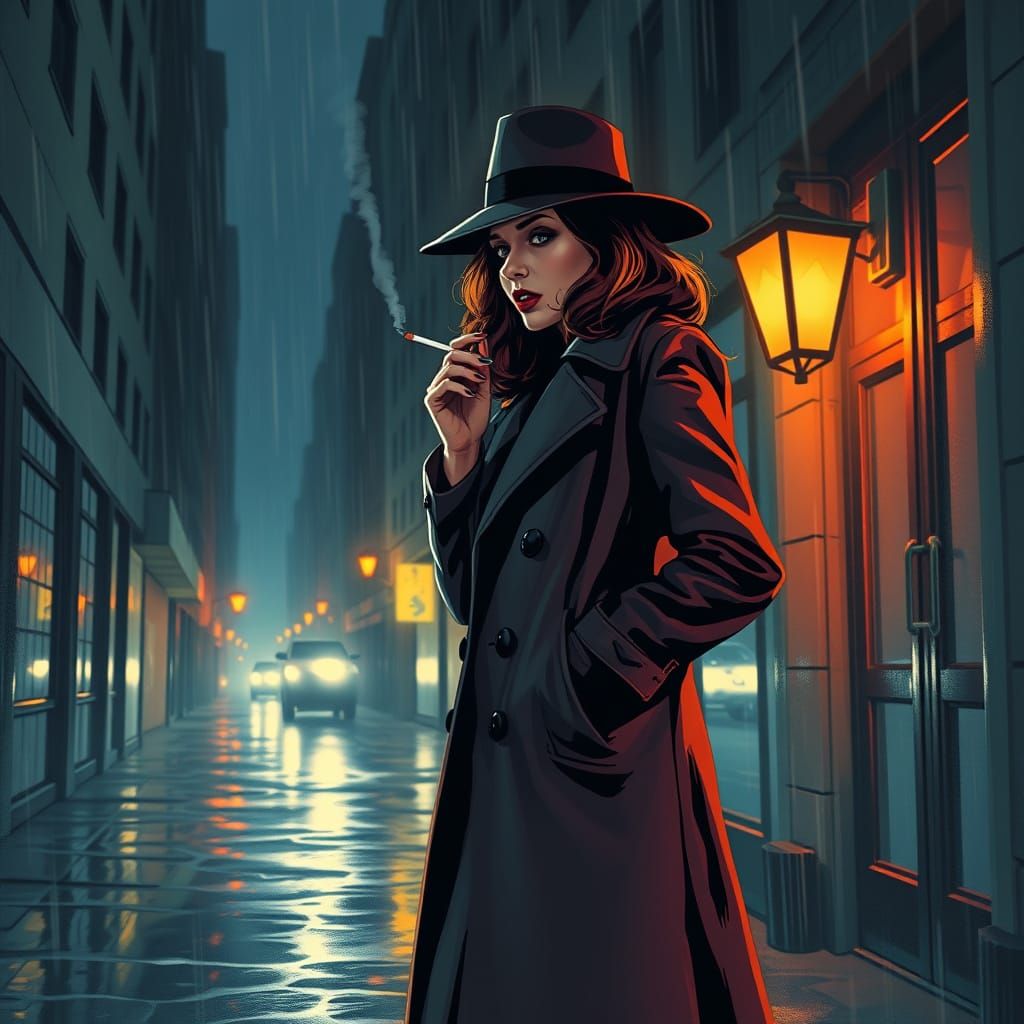 Woman in Fedora in Rainy Alley, Film Noir Style