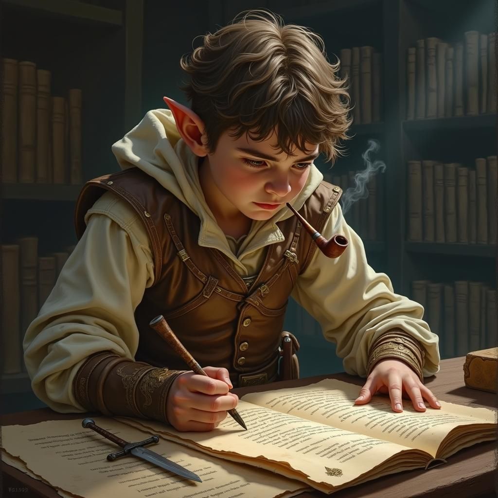 Halfling Rogue Studies Scrolls in Dim Archive