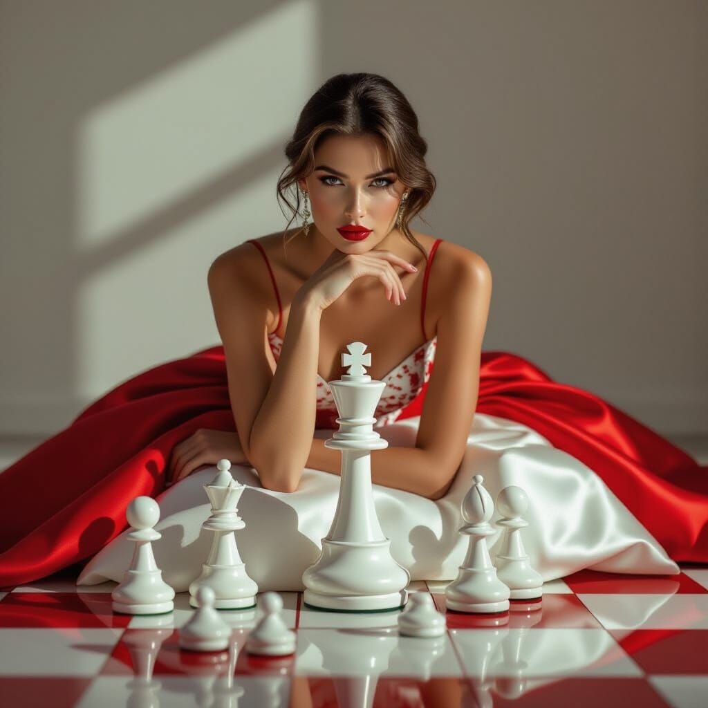 Woman in Prom Dress on Luxury Chessboard