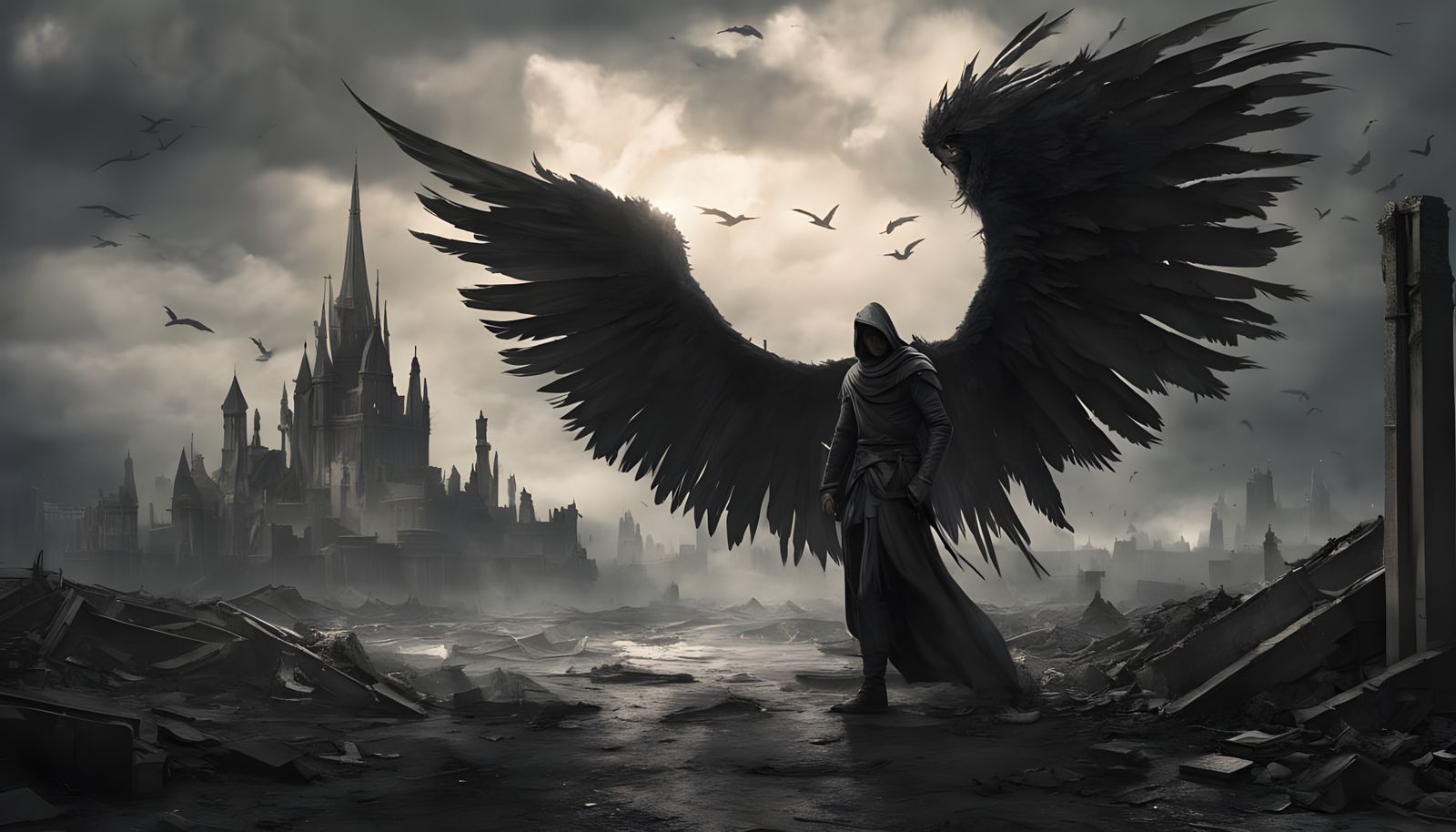 Ethereal Angel Dominates Apocalyptic Landscape in a Dark Fan...