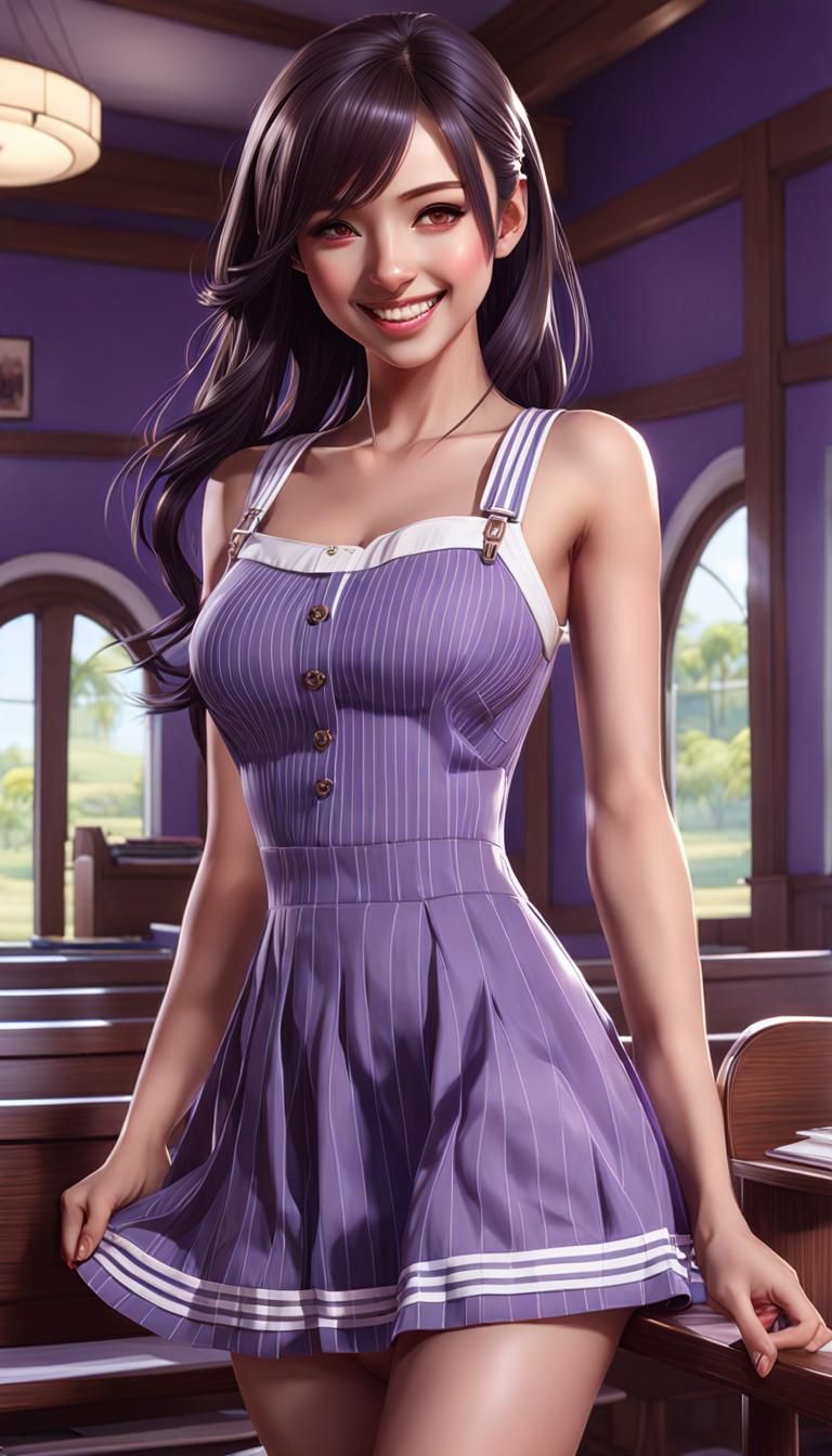 Beautiful Student in Sundress with Violet Hair Streaks